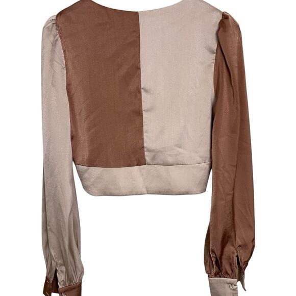 Altar’d State Top Size Small Satin Brown Crop Long Sleeve Coquette Color Block - Picture 2 of 7